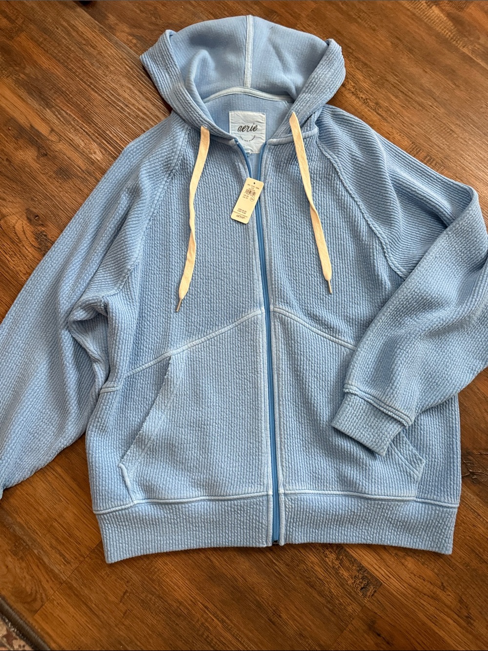 aerie Light Blue Waffle-Knit Zip Hoodie with Cream Drawstrings